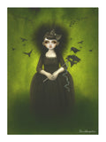 Surreal gothic girl wall art with crows and emerald green background in black dress