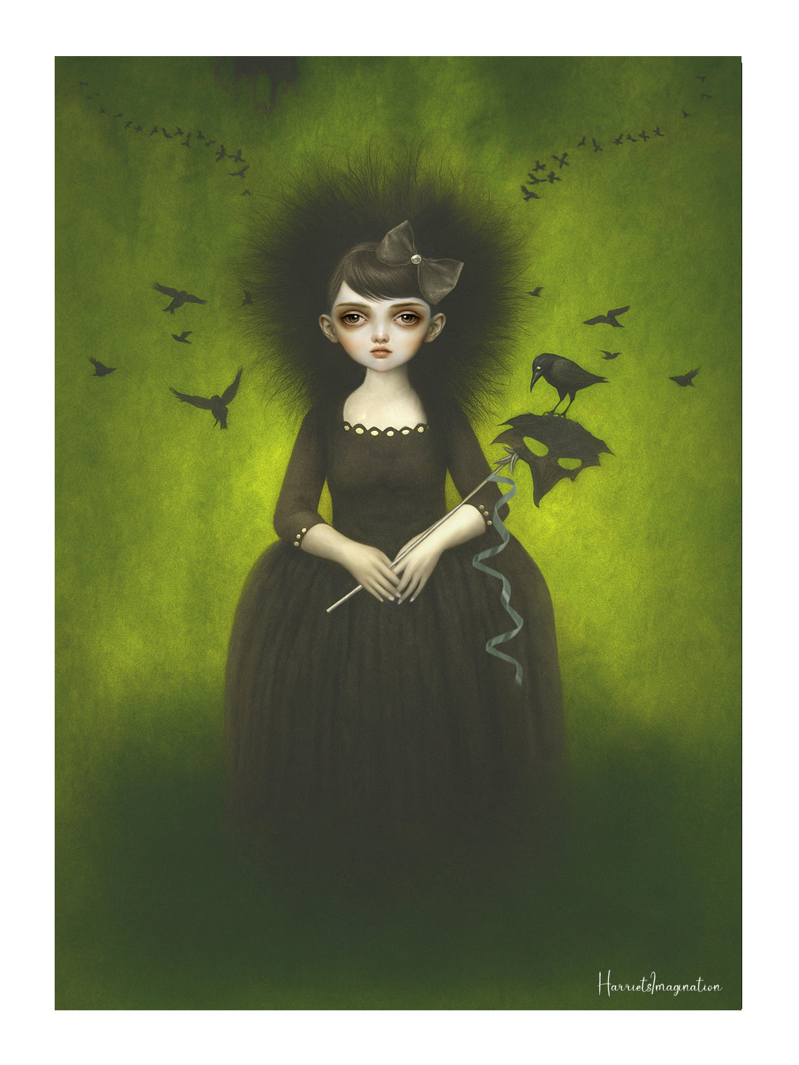 Surreal gothic girl wall art with crows and emerald green background in black dress