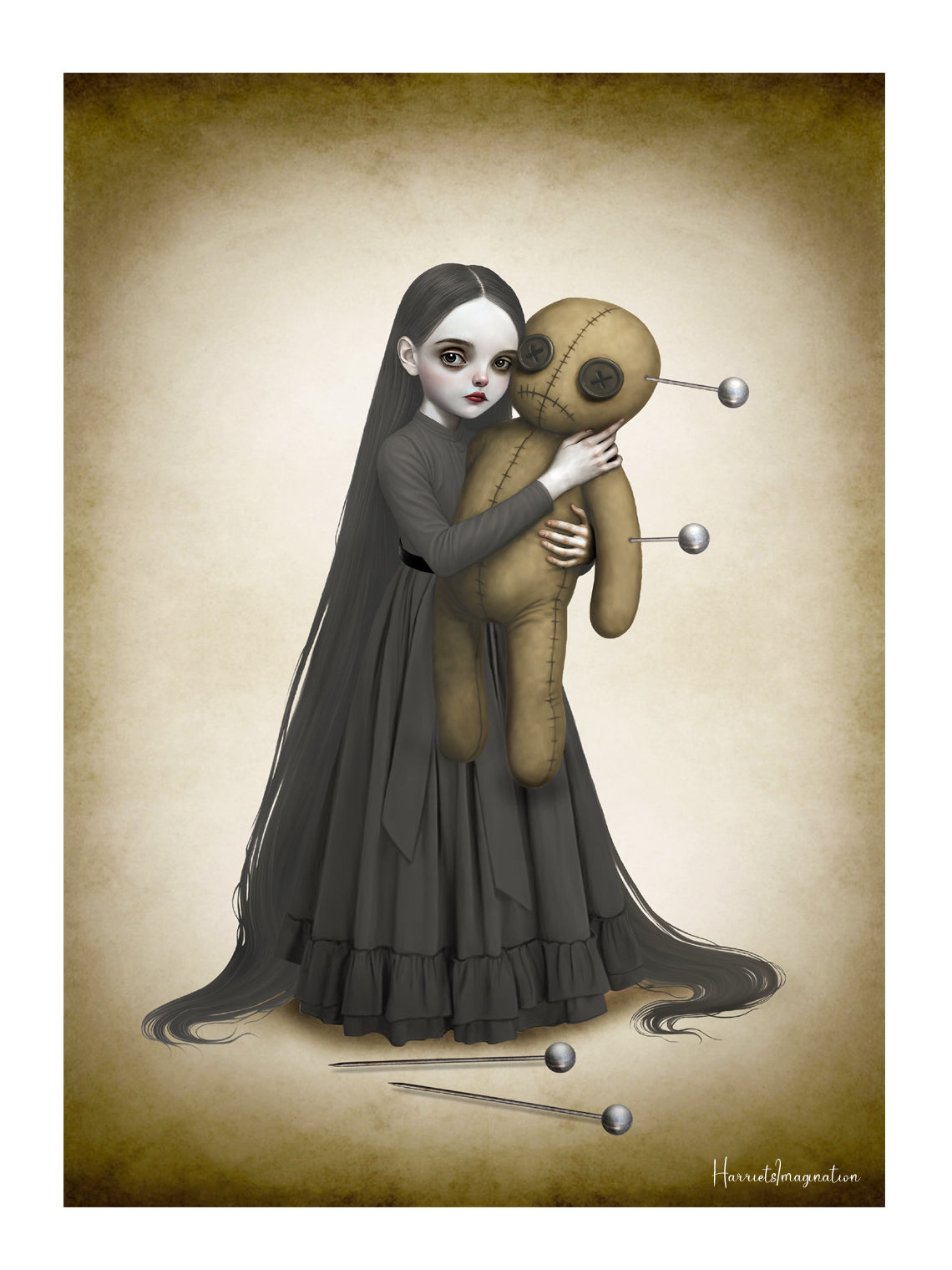 Surreal macabre art print featuring a long-haired girl in a black dress hugging a large voodoo doll with pins.