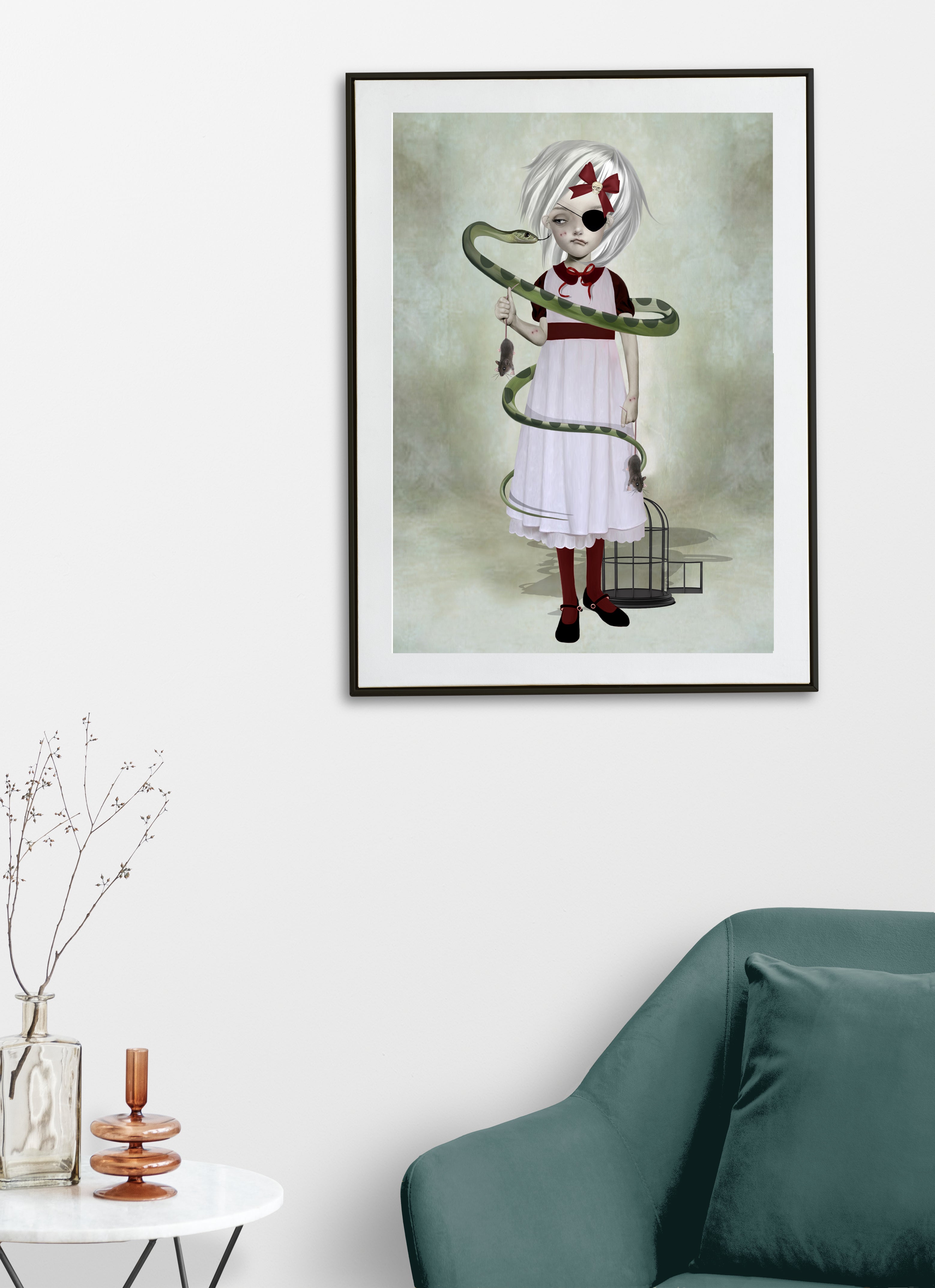 Lowbrow gothic wall art displayed in a modern living room featuring a surreal eyepatch girl with a snake.