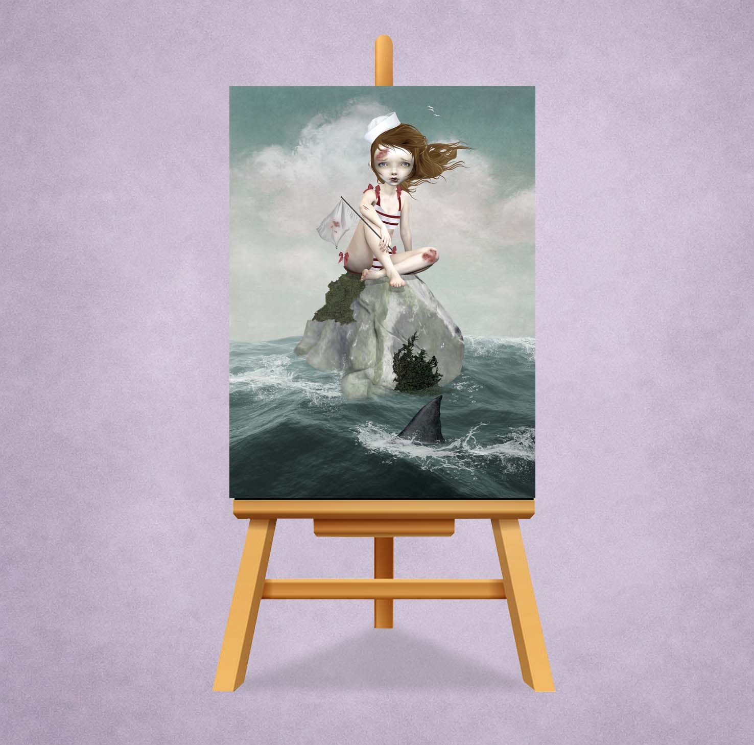 Pop surrealism ACEO art card Features a wounded sailor girl stranded at sea on a rock being circled by a shark.