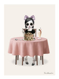 Pastel goth surreal art print titled A Sight for Sore Eyes, featuring a girl with a purple bow sitting at a pink table with a macabre eyeball cake and an eyeball milkshake.