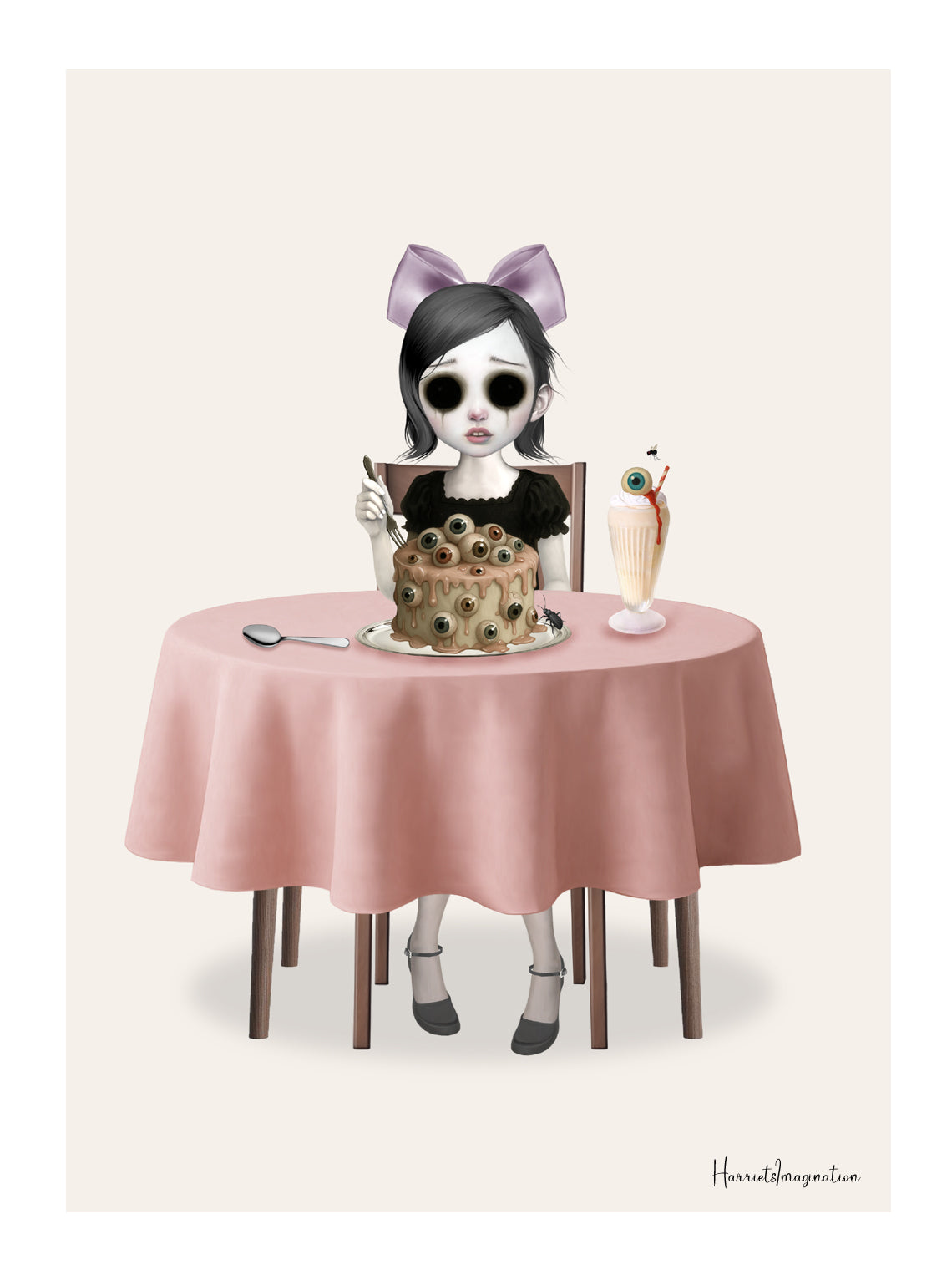 Pastel goth surreal art print titled A Sight for Sore Eyes, featuring a girl with a purple bow sitting at a pink table with a macabre eyeball cake and an eyeball milkshake.
