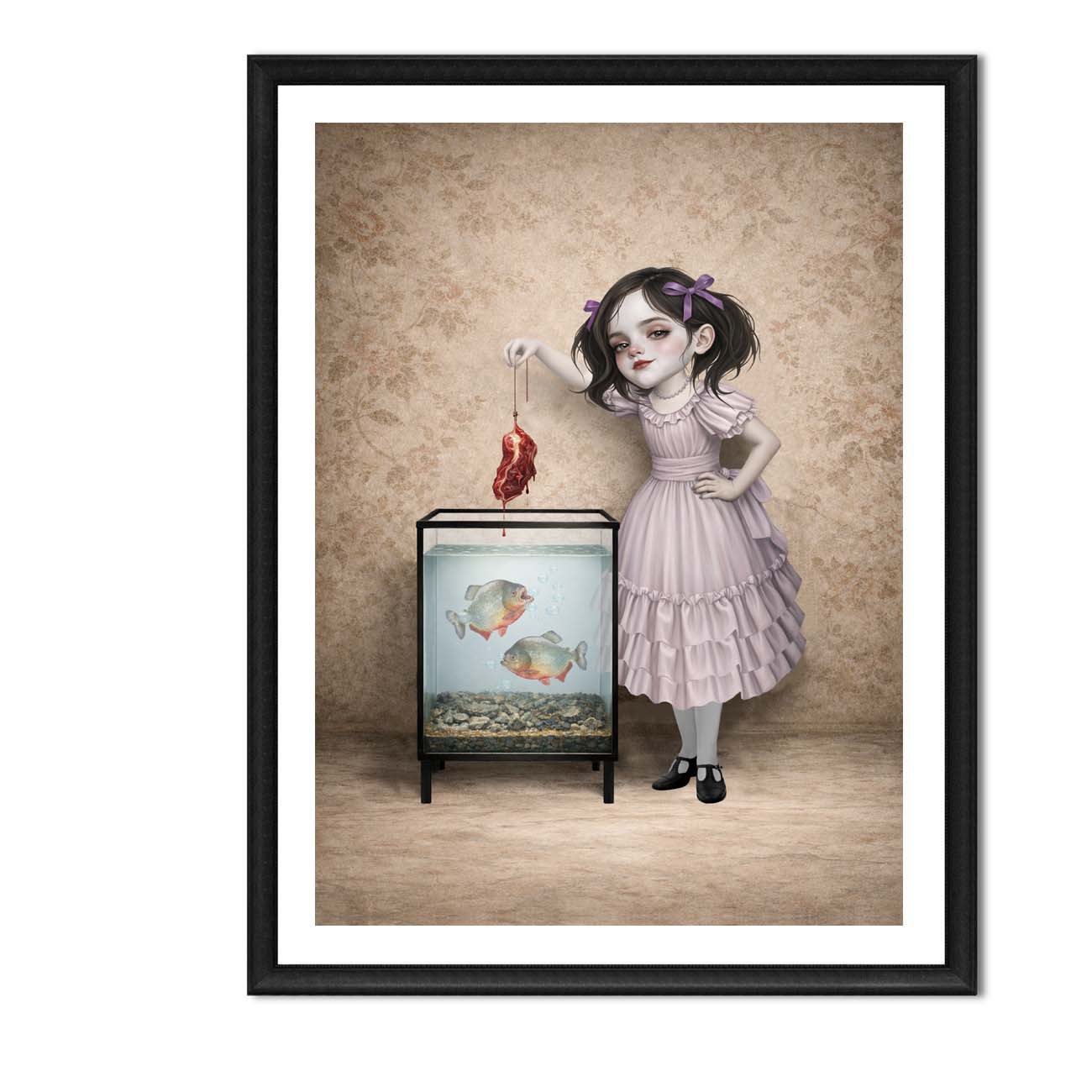 Black framed piranha tank art print hung on a clean white wall, showcasing the surreal illustration of a girl in a pink ruffled dress with her predatory pets.