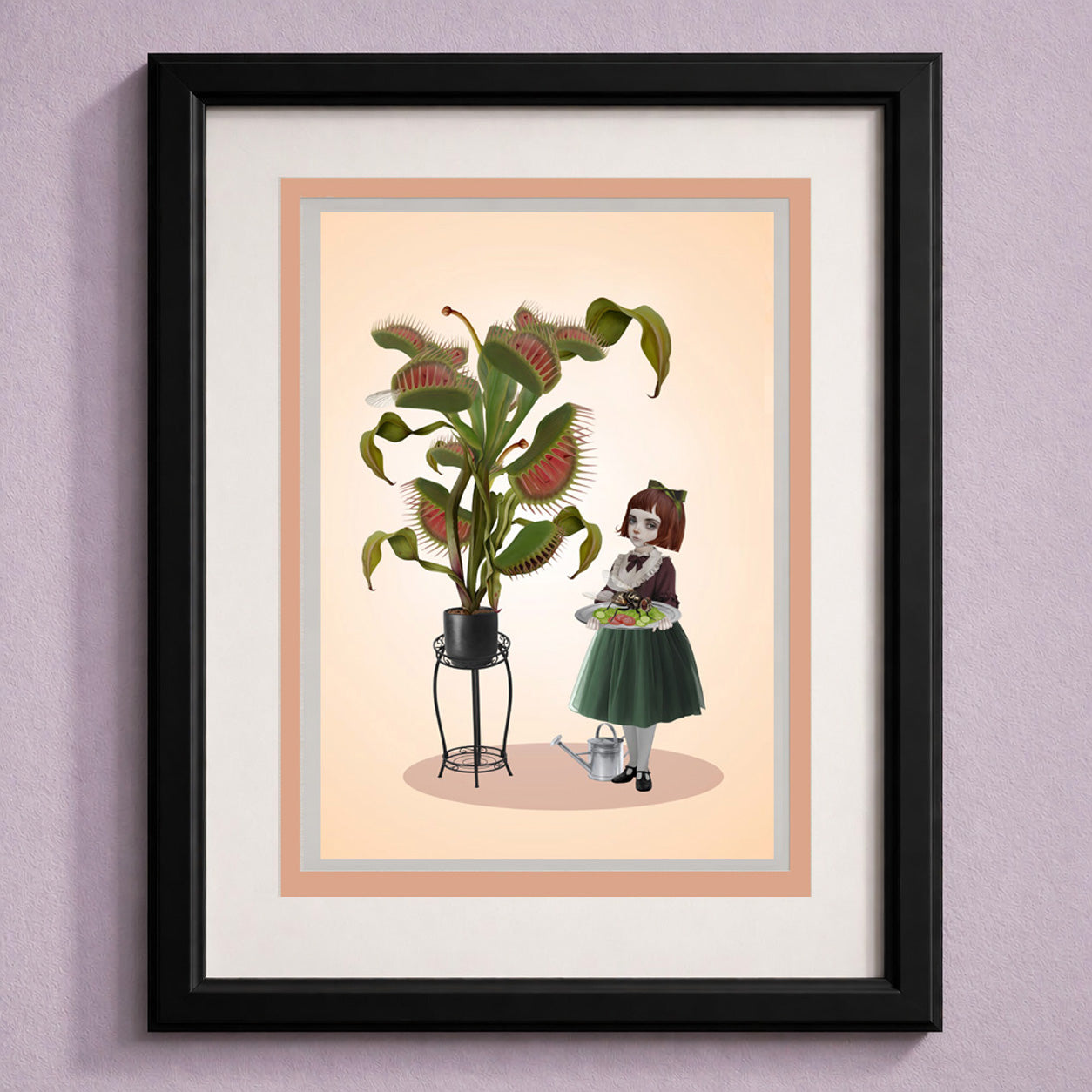 Framed art greeting card of a girl with a Venus flytrap plant on a light pink background