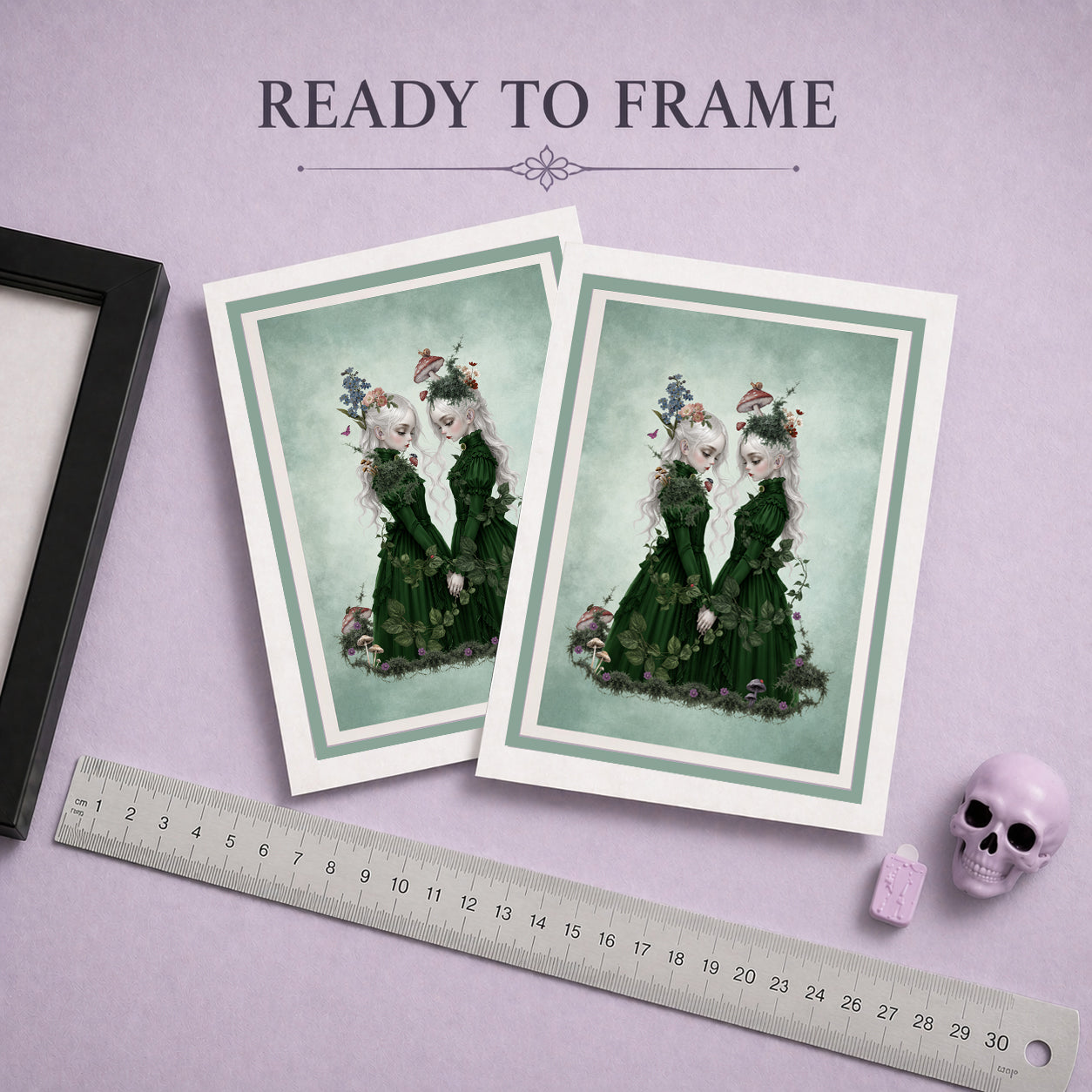 A ready to frame dark cottagecore art greeting card  featuring ethereal twin girls, displayed next to a white envelope and lavender sprigs, perfect as a ready to frame miniature print.