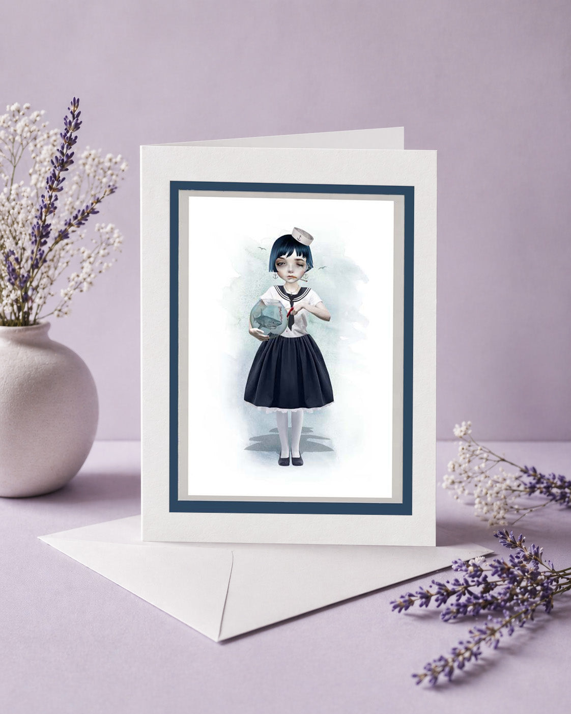 Art greeting card of sailor girl holding a fishbowl with a miniature shark.