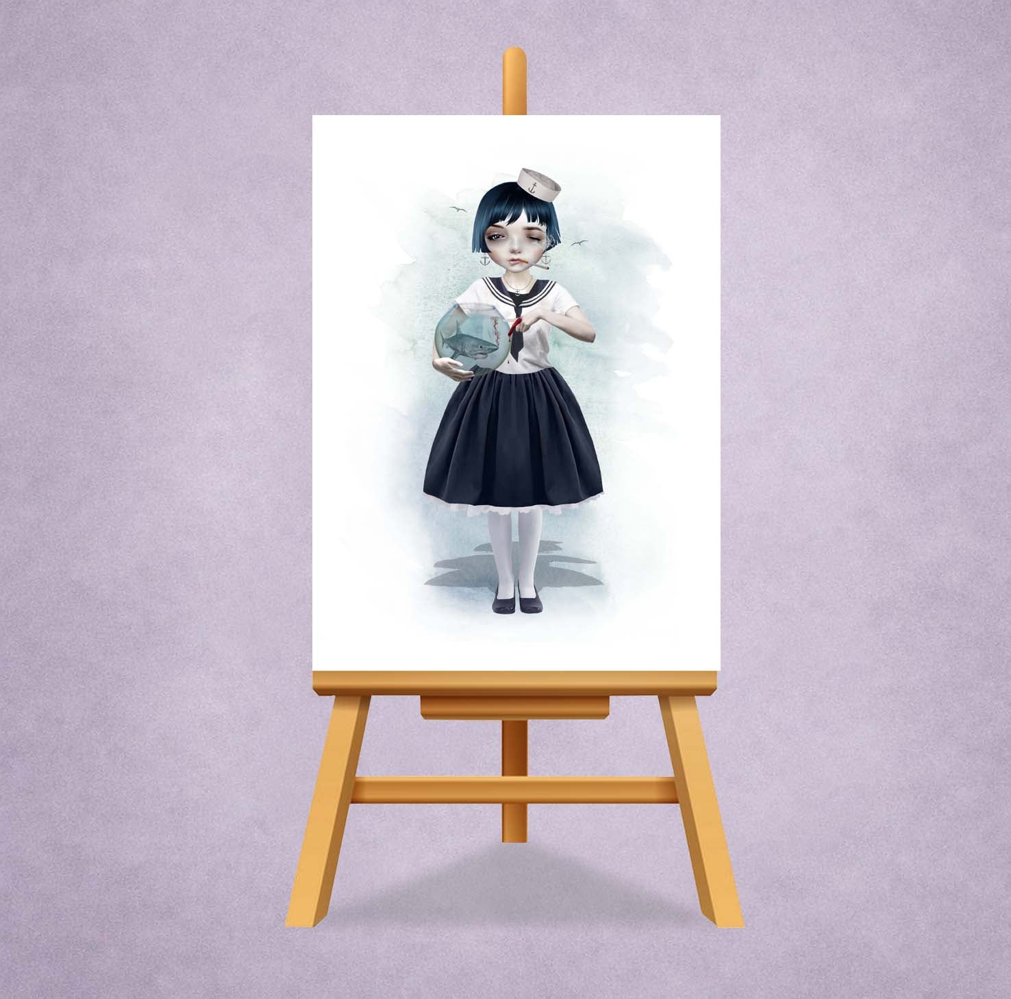 Artistic depiction of a sailor girl holding a fish bowl with a miniature shark on an easel against a light purple background