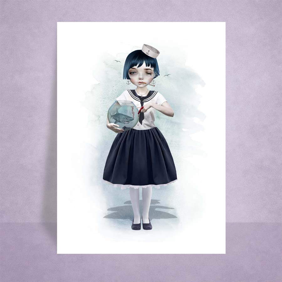 Sailor girl holding a shark in a fishbowl ACEO art card o lilac background.