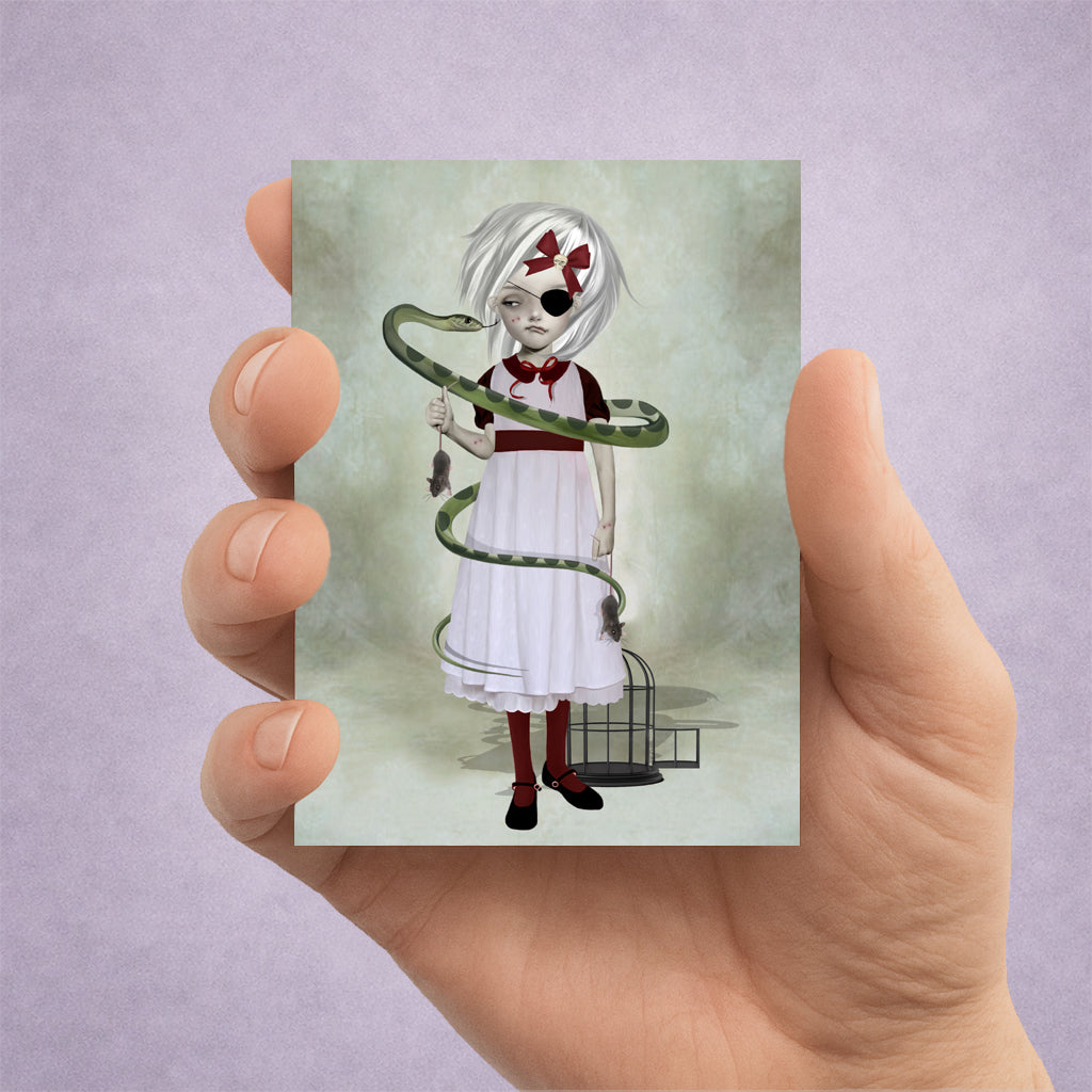 Snake Girl ACEO art card featuring a gothic girl with eyepatch, pet snake and dark lowbrow fantasy artwork in miniature format