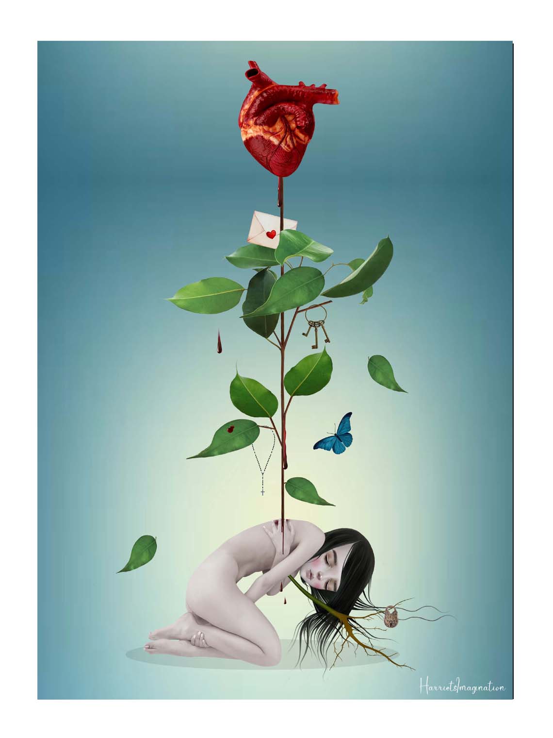 Surreal gothic illustration of an anatomical heart growing from a resting feminine figure with botanical branches, symbolic keys, and blue butterfly.