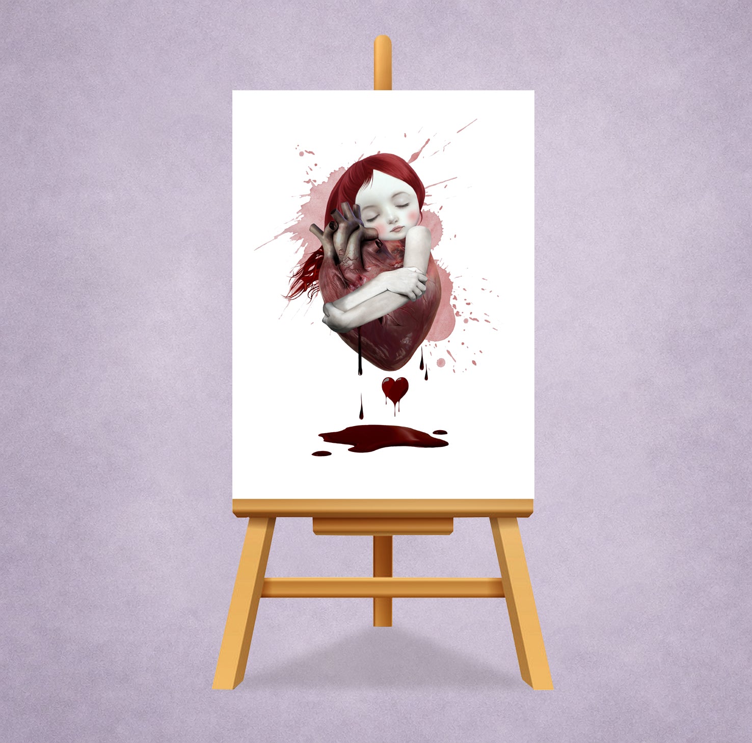 ACEO Card of girl embracing a oversized heart with red hair on a white background, displayed on an easel against a purple wall.