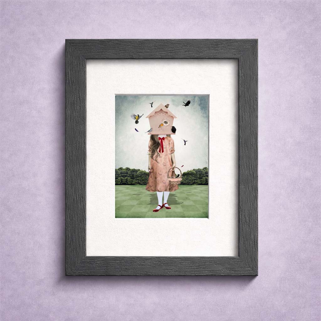 Framed Surreal ACEO Art Trading Card featuring a Birdhouse Girl Illustration miniature print in a small  frame.