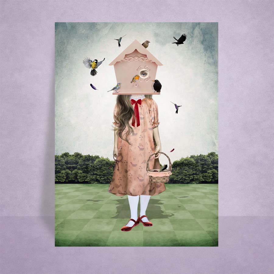 2.5x3.5 Surreal ACEO Art Trading Card featuring a Birdhouse Girl Illustration placed on a soft lilac background.