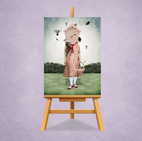 Surreal ACEO Art Trading Card with Birdhouse Girl Illustration displayed on a small wooden miniature easel stand.