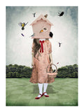Surreal digital painting of a girl with a birdhouse head, wearing a pink bird-patterned dress on a green checkered floor with flying birds.