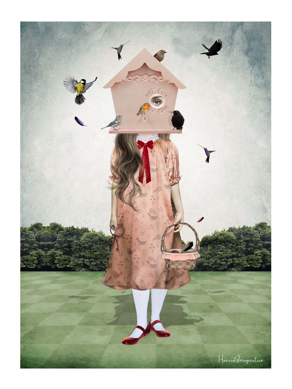 Surreal digital painting of a girl with a birdhouse head, wearing a pink bird-patterned dress on a green checkered floor with flying birds.