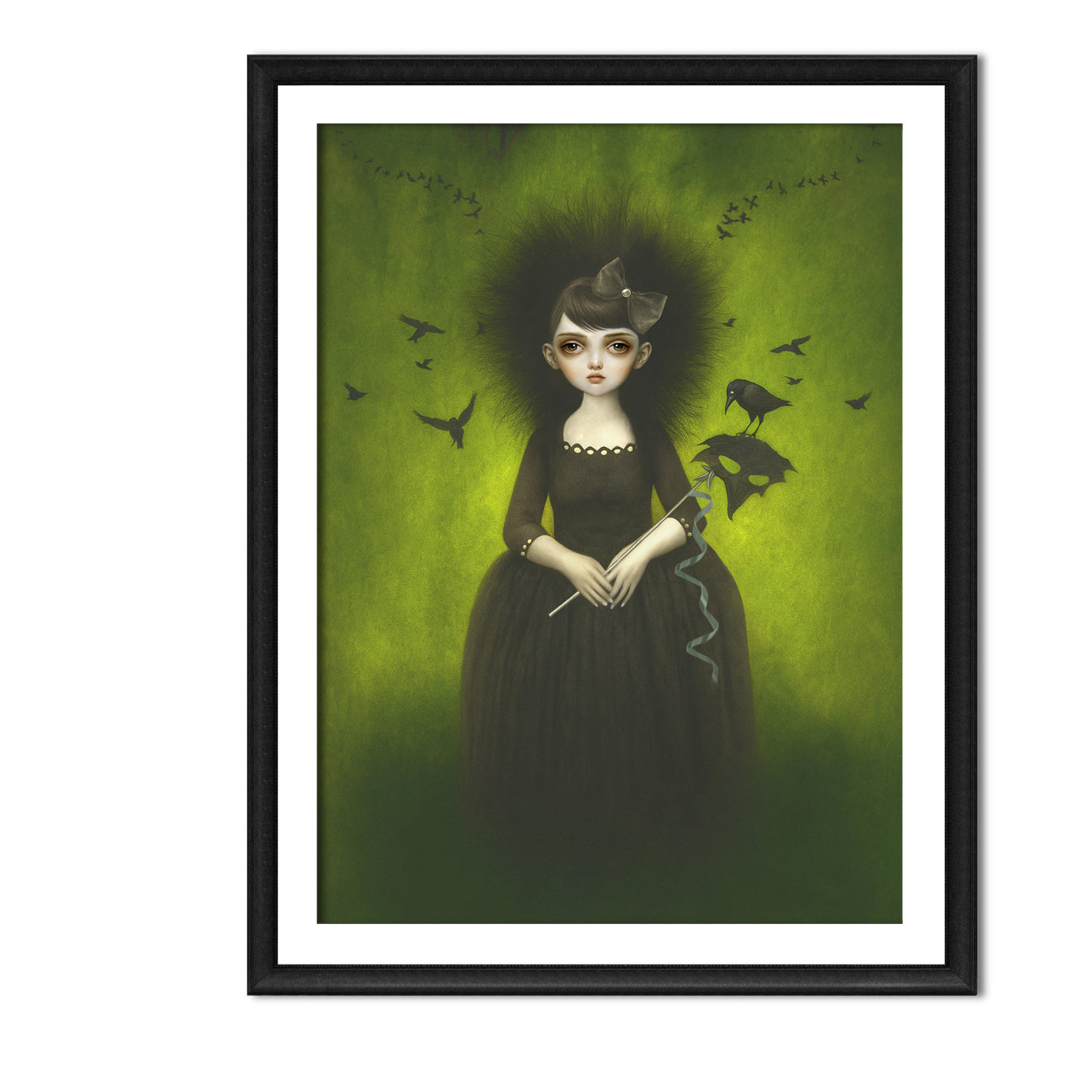 Dark fantasy portrait print featuring gothic girl holding raven mask with flying crows
