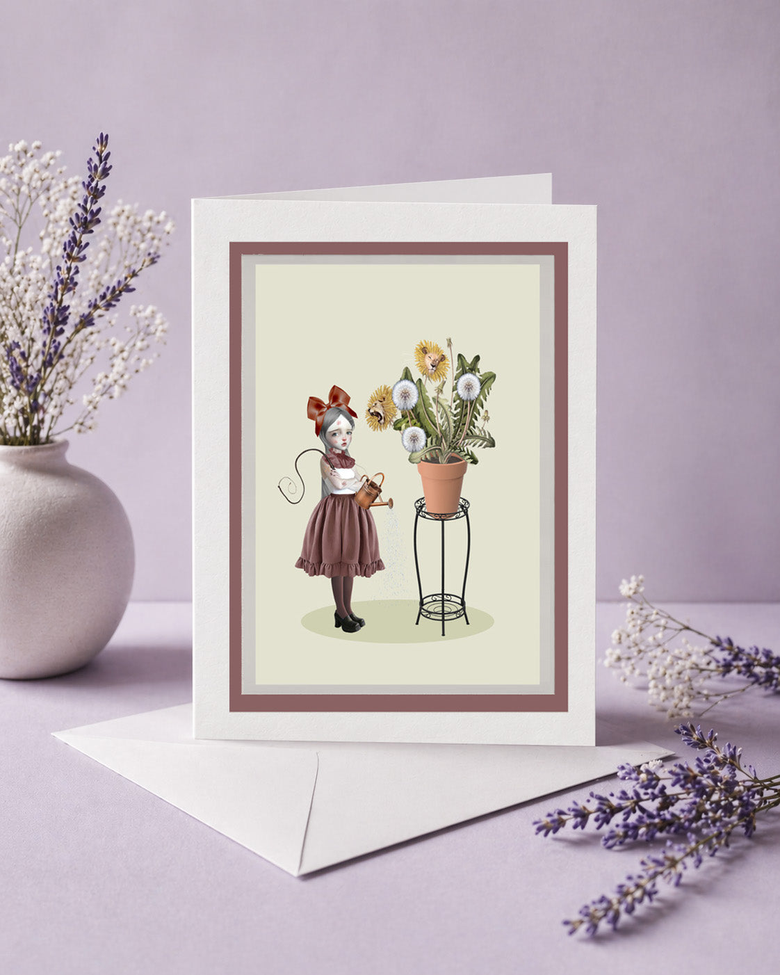 surreal lion greeting card features a high-quality reproduction of a girl tending to a potted plant where vibrant dandelions transform into roaring and sleeping lions.