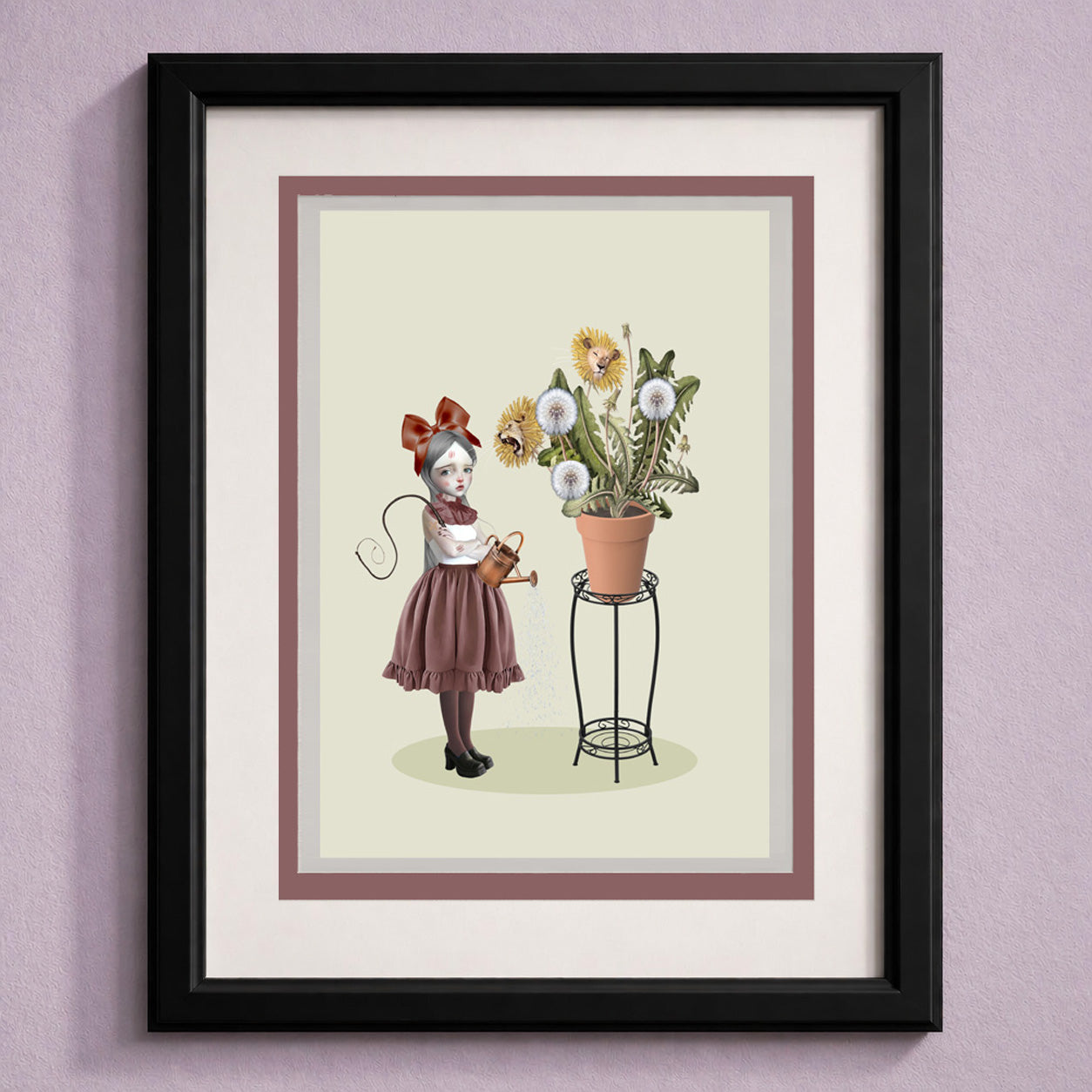 surreal lion greeting card in a frame illustration is a girl tending to a potted plant where vibrant dandelions transform into roaring and sleeping lions.