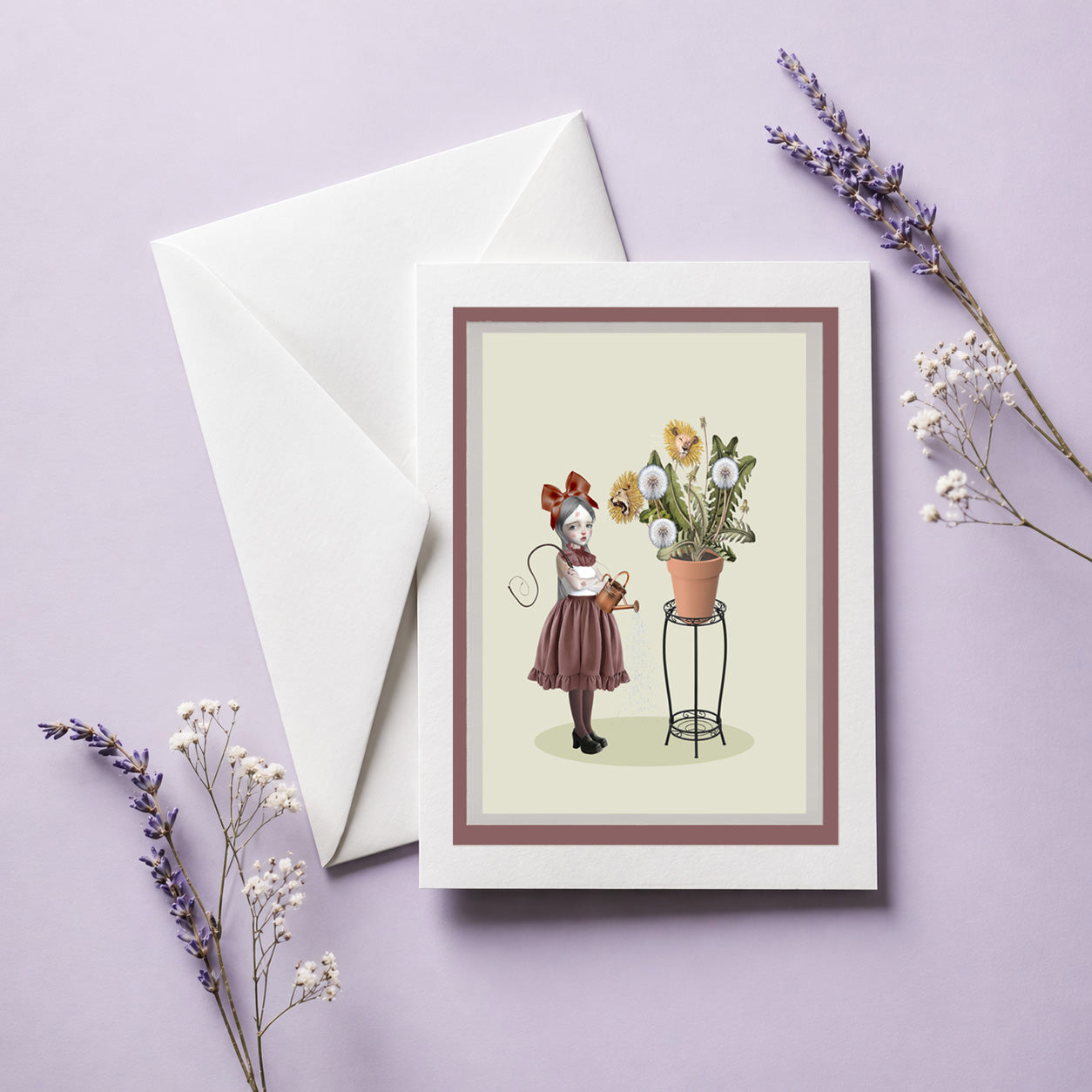 surreal lion greeting card with envelope features a high-quality reproduction of a girl tending to a potted plant where vibrant dandelions transform into roaring and sleeping lions.