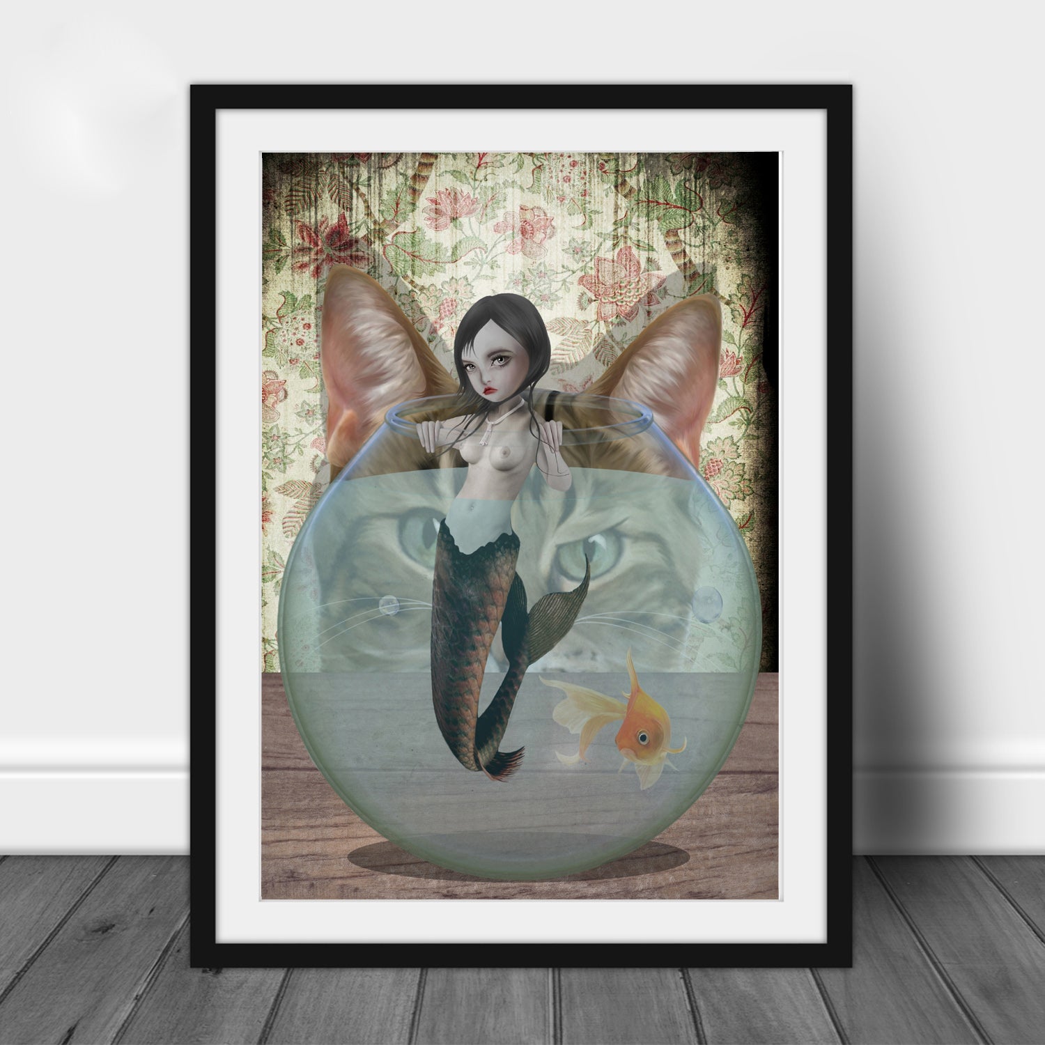 framed for dispaly art print features a mermaid in a goldfish bowl being watched by a sly cat,