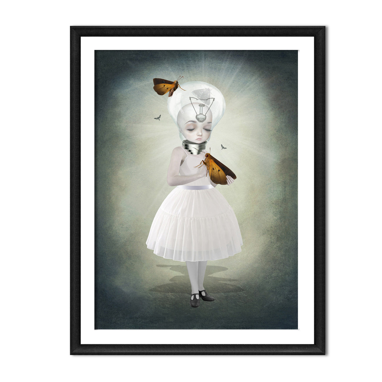 Framed surreal moth girl art print. Featuring her unique light bulb head that gathers delicate moths.