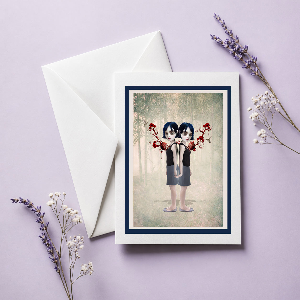 surreal sister bond greeting card by HarrietsImagination. Features twin girls with rose hearts—blank inside and perfectly ready to frame