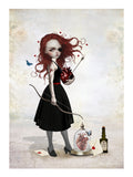 Pop Surrealism art print titled Whimsical Love Archer featuring a redhead girl with an eye patch holding a bow and arrow and a bleeding anatomical heart, alongside a love potion bottle.
