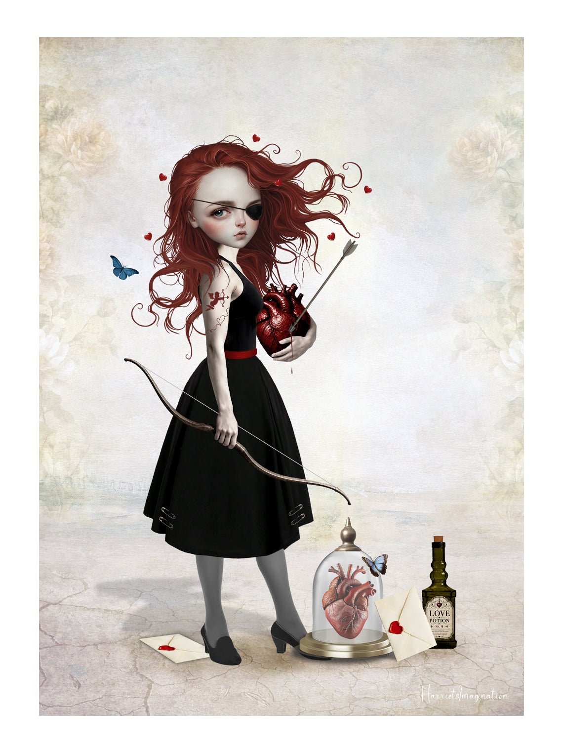 Pop Surrealism art print titled Whimsical Love Archer featuring a redhead girl with an eye patch holding a bow and arrow and a bleeding anatomical heart, alongside a love potion bottle.