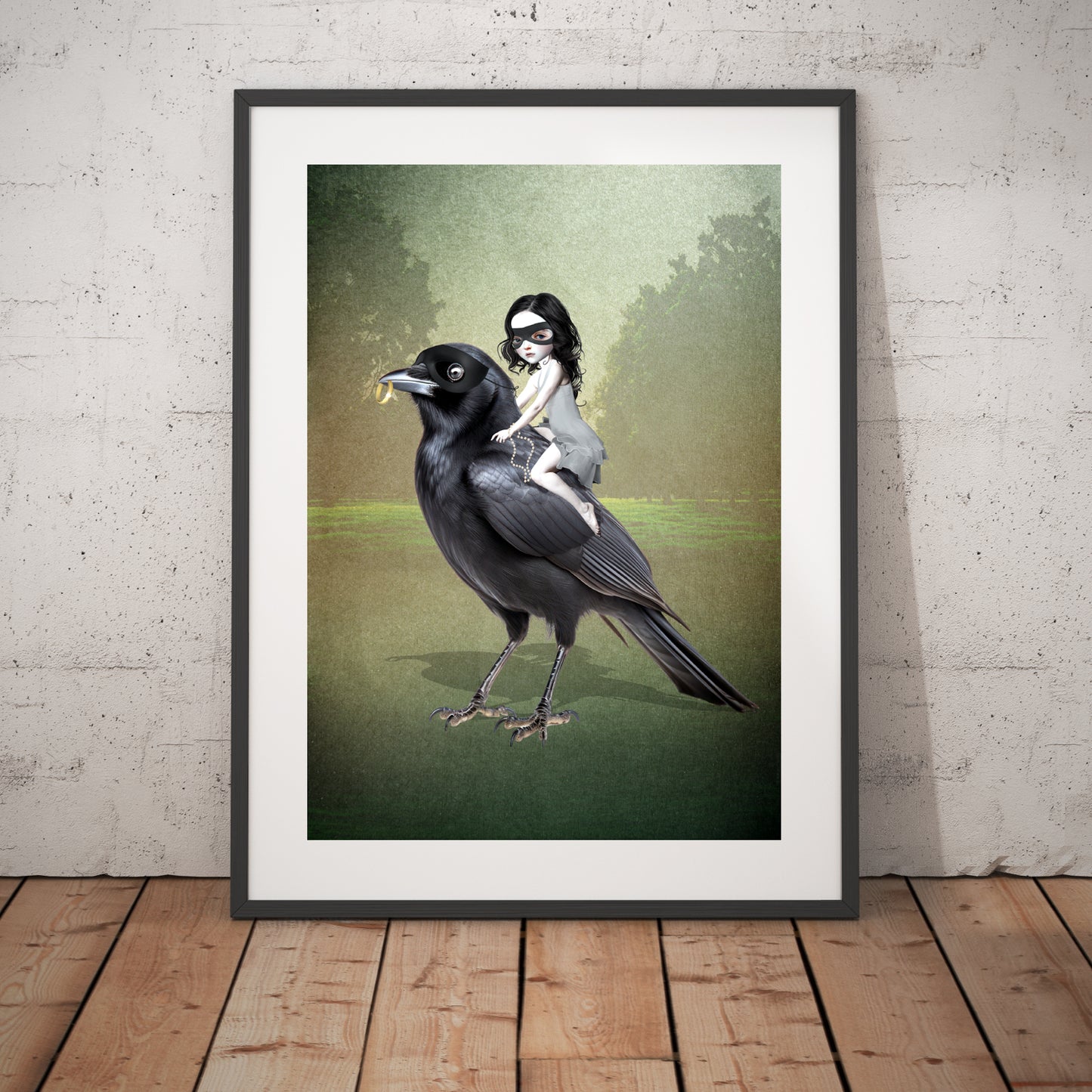 Framed Whimsical bird art print leaning against a wall.