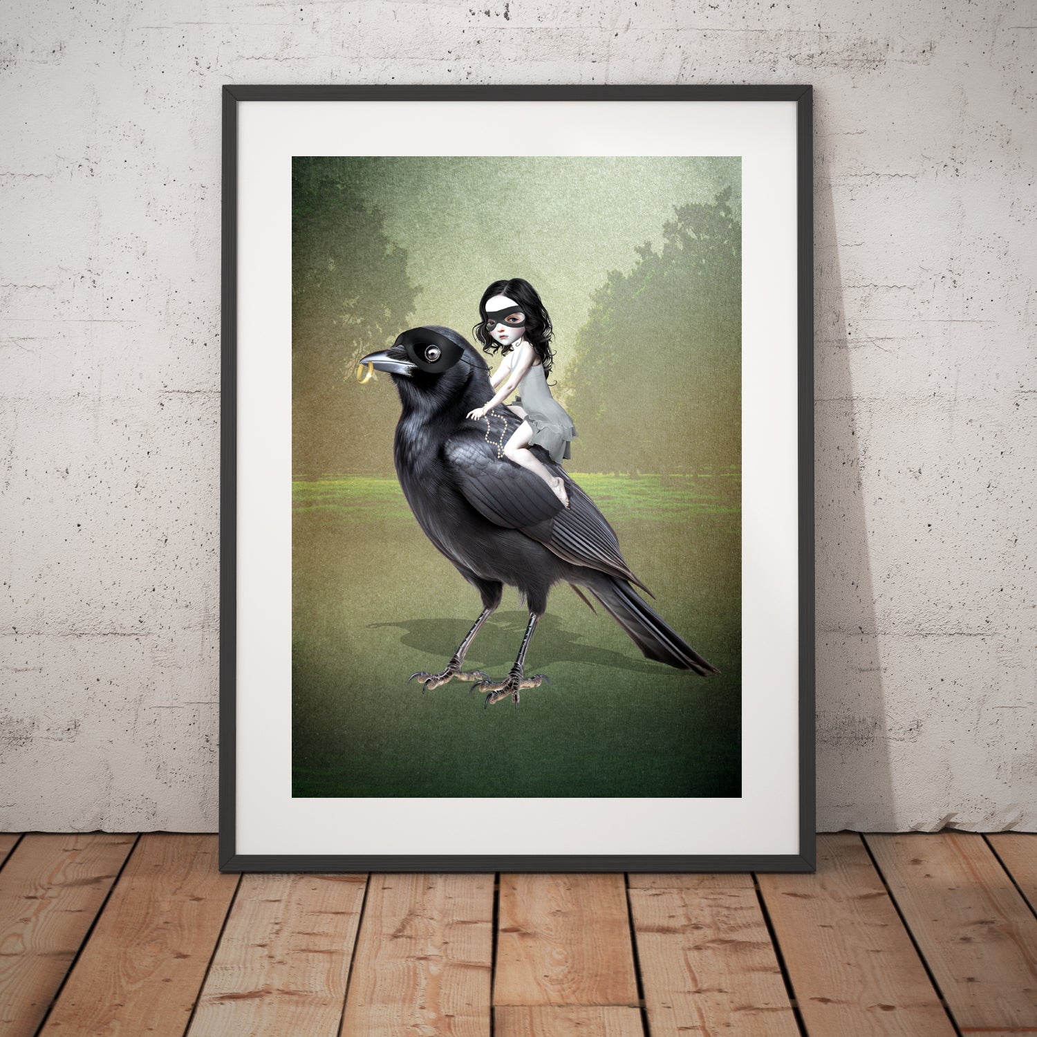 Framed Whimsical bird art print leaning against a wall.