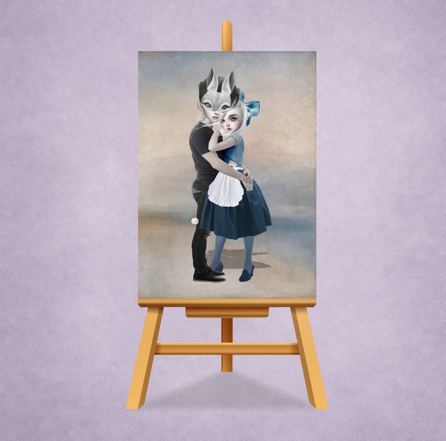 Wonderland Couple ACEO miniature art print displayed on easel featuring whimsical Alice and White Rabbit characters