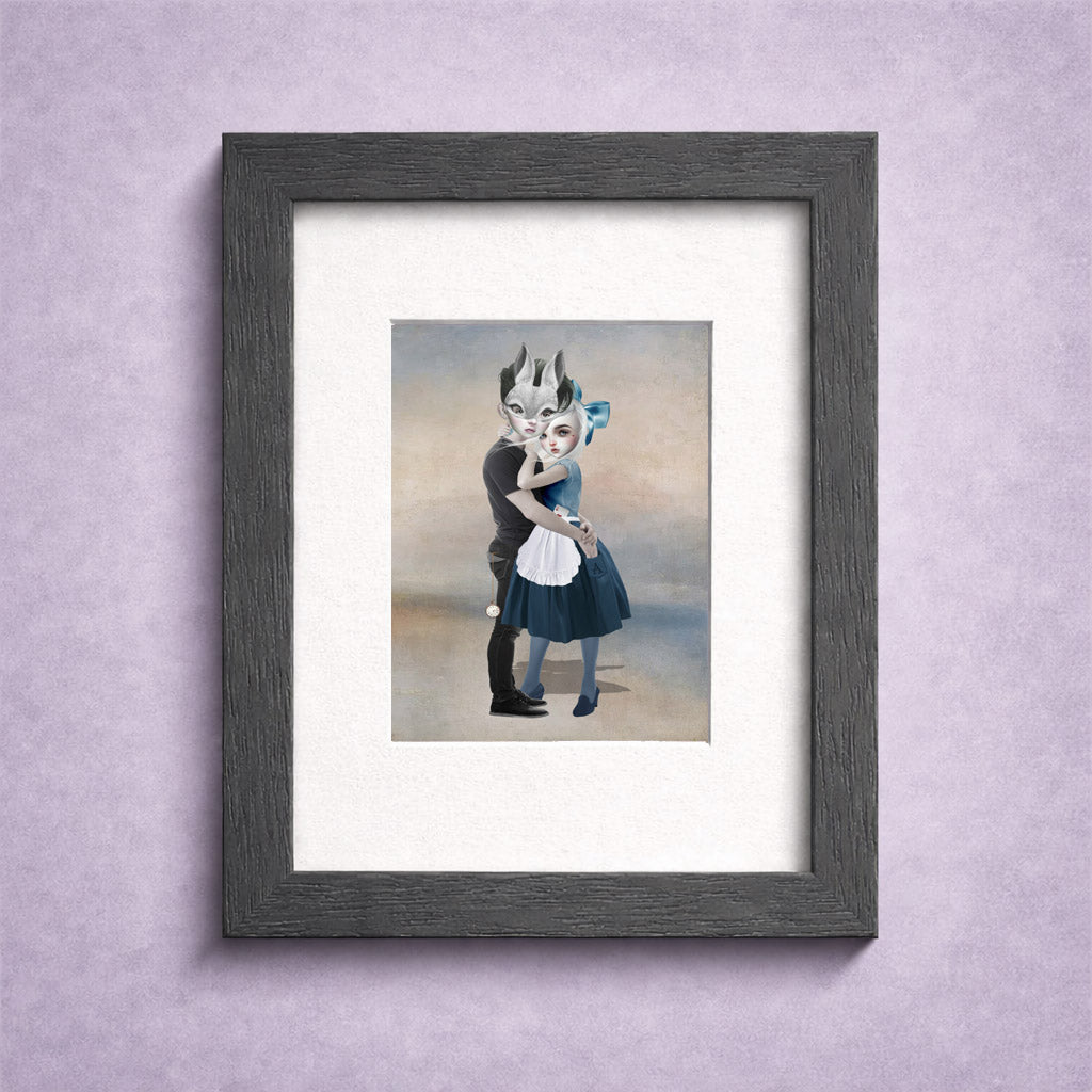 Framed Wonderland Couple ACEO art card featuring Alice inspired girl and White Rabbit figure in surreal fairytale style