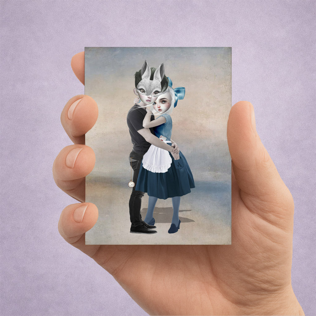 Wonderland Couple ACEO miniature art print held in hand showing Alice inspired fairytale characters and White Rabbit mask.