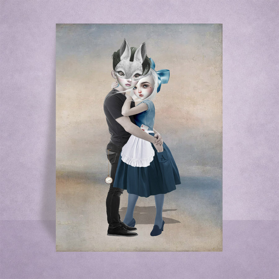 Wonderland Couple ACEO art card featuring surreal Alice inspired girl embracing a White Rabbit character